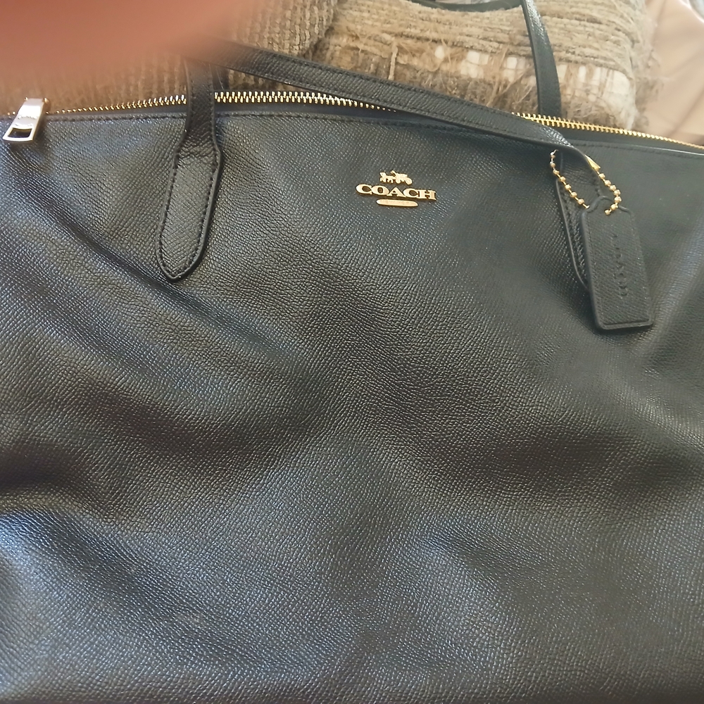 COACH Black Leather Zip-Top Briefcase with Gold Hardware